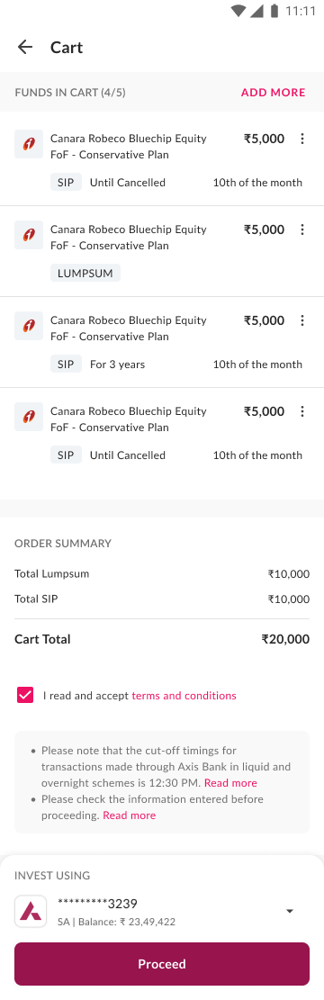 Cart review page before the final investment step